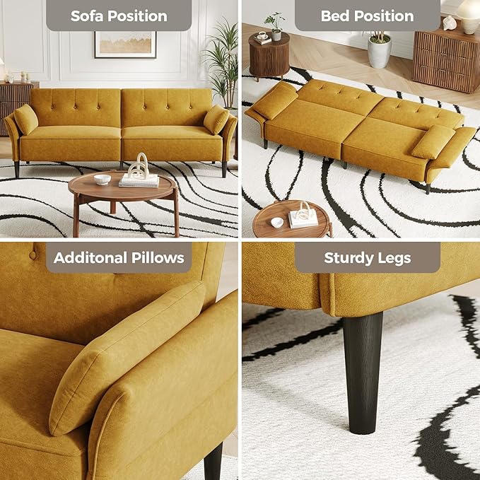 89” Futon Sofa Bed,Comfy Futon Couch Bed with 2 Square Pillows, Convertible Sleeper Sofa with Adjustable Backrest& Armrests, Modern Loveseat Sleeper for Living Room, Bedroom, Yellow-Ruum Studio Home