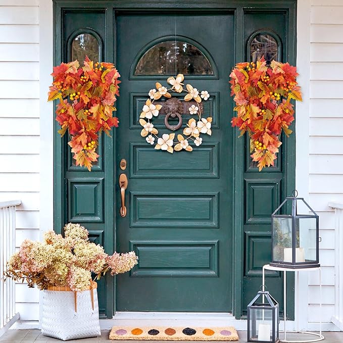 RECUTMS Fall Leaves Hanging Plant Artificial Fall Leaves Garland with Berry Fake Autumn Wall Hanging Leaf Vines for Home Halloween Party Door Frame Fireplace Decoration(Orange with Berry)-Ruum Studio Home