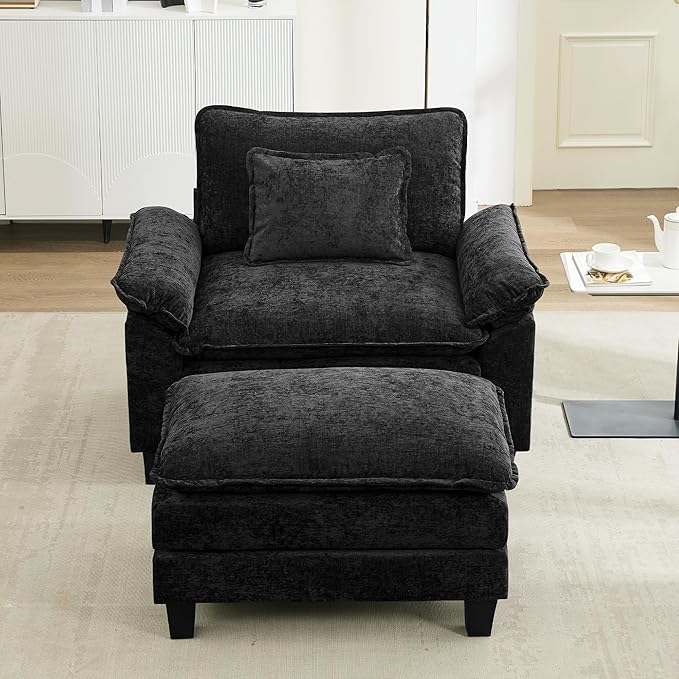 URRED Modular Sectional Sofa Comfy Cloud Couch, Modern Chenille Sofa Sleeper Deep Seat Couches with Ottoman/Pillows for Living Room (Black, 53''- Ottoman)-Ruum Studio Home