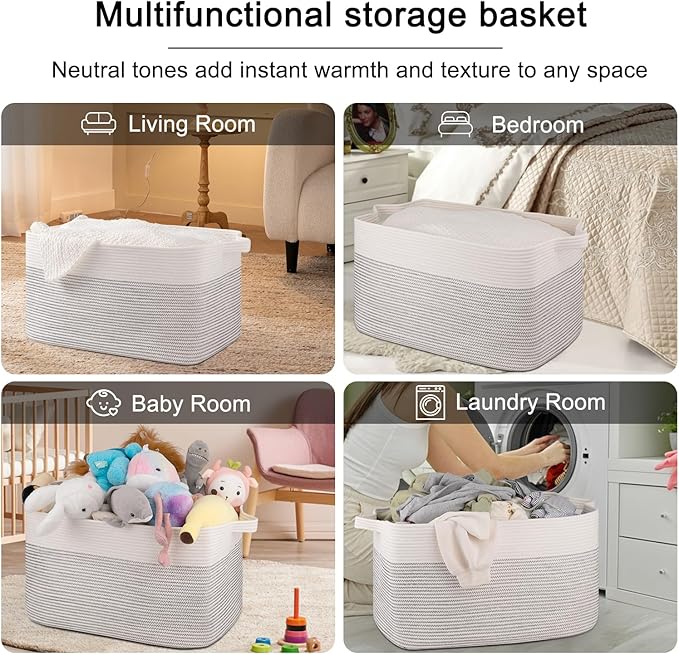 OIAHOMY 95L Blanket Basket, 24”x17”x14”, Large Woven Baskets for Storage, Nursery Cotton Rope Basket with Handle, Living Room, Nursery, Bedroom,Toy Baskets Organizer Bins, Black and White-Ruum Studio Home