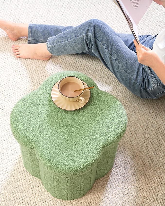 B FSOBEIIALEO Storage Ottoman Cube, Flowers Shaped Ottomans with Storage Foot Stool Footrest, Boucle Ottoman Seat for Dorm Room, Faux Teddy Fur, Green 15"x15"x15"-Ruum Studio Home