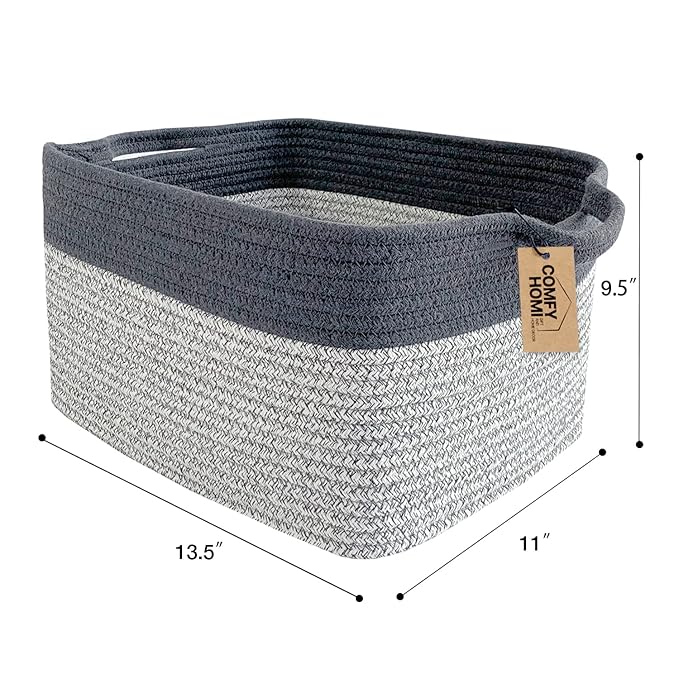 COMFY-HOMI Cotton Rope Woven Basket with Handles for Shelves,Toys,Book, Cloth Storage Baskets Bin for Organizing-13.5"x11"x9.5" Toy Decorative Organizer for Living Room, Bathroom-Light Grey-Ruum Studio Home