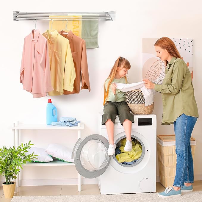 Wall Mounted Laundry Drying Rack, Retractable Clothes Drying Rack for Bathroom with Wall Template, 5 Stainless Rods Heaving 60 lb Capacity (White, 40")-Ruum Studio Home
