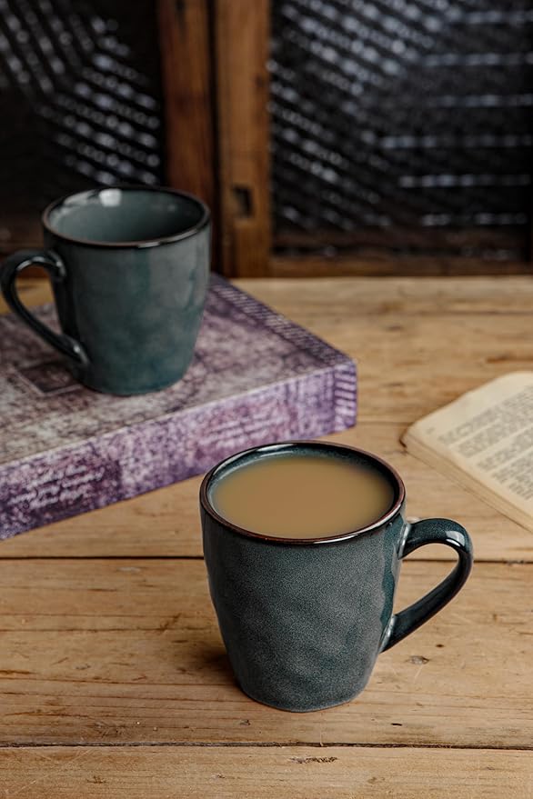 famiware Coffee Mugs Set of 4, Ocean Round 11.5oz Coffee Cup Set with Handle for Cocoa, Milk, Hot Chocolate, Stoneware Cups for Kitchen, Reactive Glaze, Microwave Dishwasher Safe, Deep Forest-Ruum Studio Home