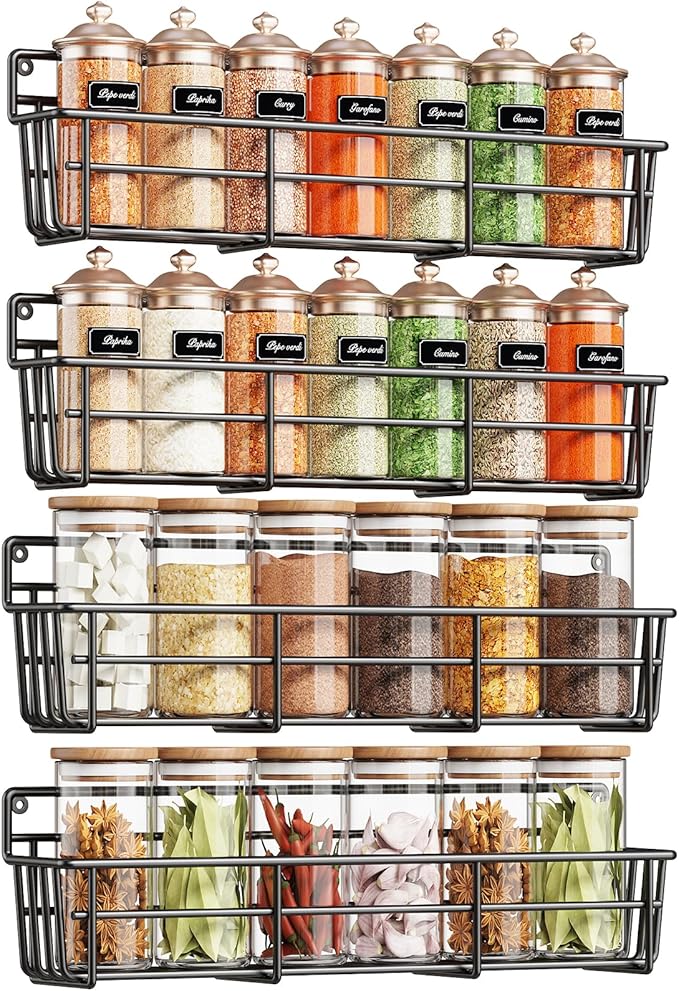 Spice Rack Organizer Wall Mount, Hanging Spice Pantry Storage Shelf Organization, 4 Pack Space Saving Seasoning Organizer for Kitchen Cabinet, Door or Bathroom, Black-Ruum Studio Home