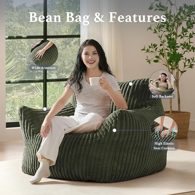 Giant Plush Bean Bag Chair for Adults with Armrests - Oversized Comfy Green Beanbag Lounge Lazy Floor Sofa Accent Chair for Living Room, Bedroom & Dorm, Cozy Fluffy Single Cloud Mini Couch-Ruum Studio Home