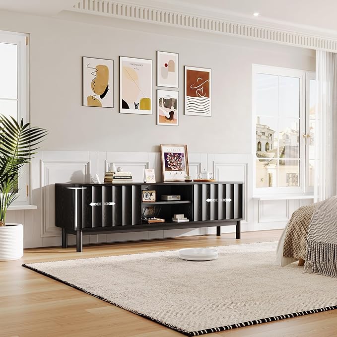 Black Mid Century Modern TV Stand, Wood Fluted Living Room TV Stands with Storage Sliding Doors, Desert-Inspired Design MCM Entertainment Center for 55 60 65 70 75 55+ 60+ 65+ 70+ Inch-Ruum Studio Home