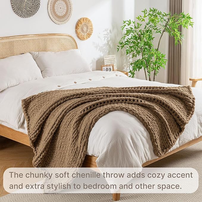 Chunky Knit Blanket Throw, 100% Hand Knit Throw Blanket Handmade Chenille Cable Knit Throw for Couch, Stylish Cozy Soft Rope Knot Crochet Blanket for Home Decor, Camel, 50x60 Inches-Ruum Studio Home
