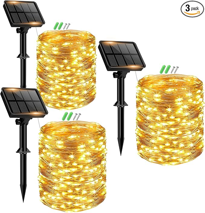 3 Pack Solar Fairy Lights for Outside Waterproof, Total 147FT 450 LED Solar String Lights Outdoor 8 Modes Solar Twinkle Lights for Garden Yard Christmas Tree Wedding Party Decor, Warm White-Ruum Studio Home