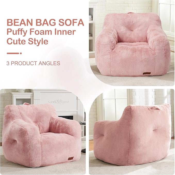Hobestluk Bean Bag Chair for Adult Small Bean Bag Chairs with Arms Furry Beanbag Chair with Foam Filler Stuffed Bean Bag Sofa for Reading in Bedroom Living Room and Dorms(Pink)-Ruum Studio Home