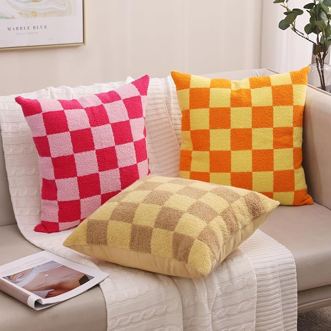 Alysheer Checkered Embroidered Decorative Throw Pillow Covers 18"x 18" Set of 2, Farmhouse Cottage Hot Pink Plaid Tufted Patterned Cotton Canvas Cushion Case for Sofa Couch Bed Living Room-Ruum Studio Home