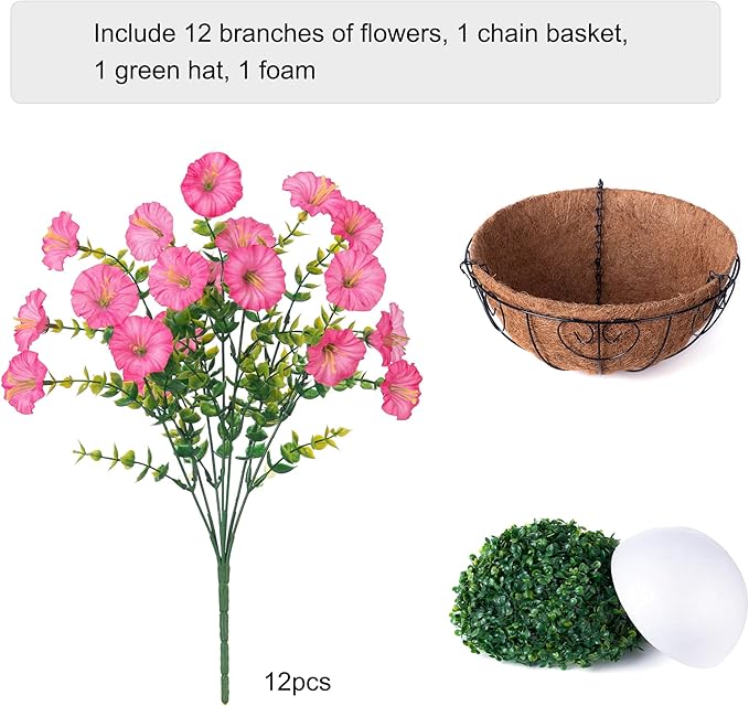 Artificial Faux Hanging Plants Flowers Basket for Outdoors Outside Spring Summer Decoration, Silk Pink Morning Glory in Planter UV Resistant Look Real Fake Flowers for Porch Patio Balcony Home Yard-Ruum Studio Home