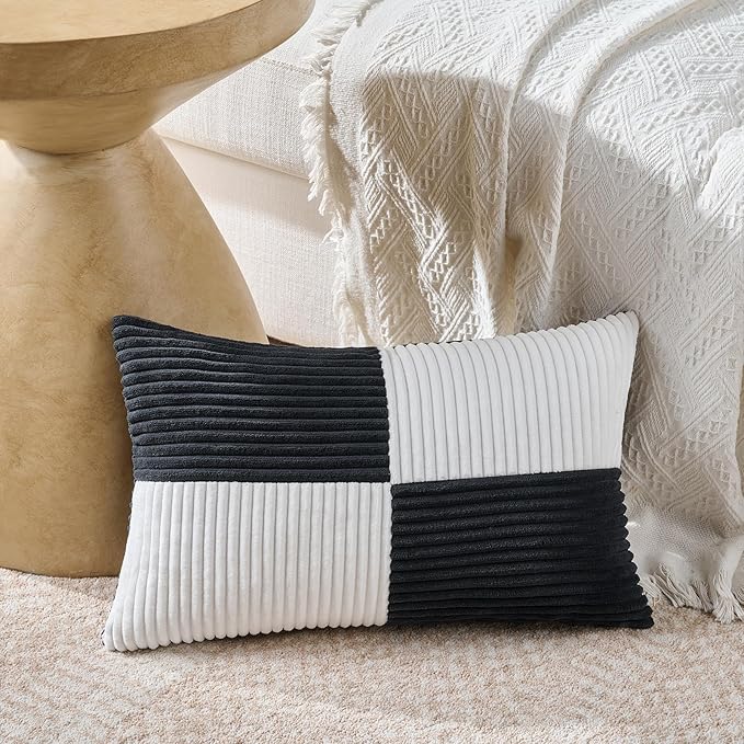 Fancy Homi Set of 2 Black White Lumbar Decorative Throw Pillow Covers 12x20 Inch for Living Room Bedroom Couch Bed Sofa, Soft Striped Corduroy Modern Rectangle Accent Cushion Case 30x50 cm-Ruum Studio Home