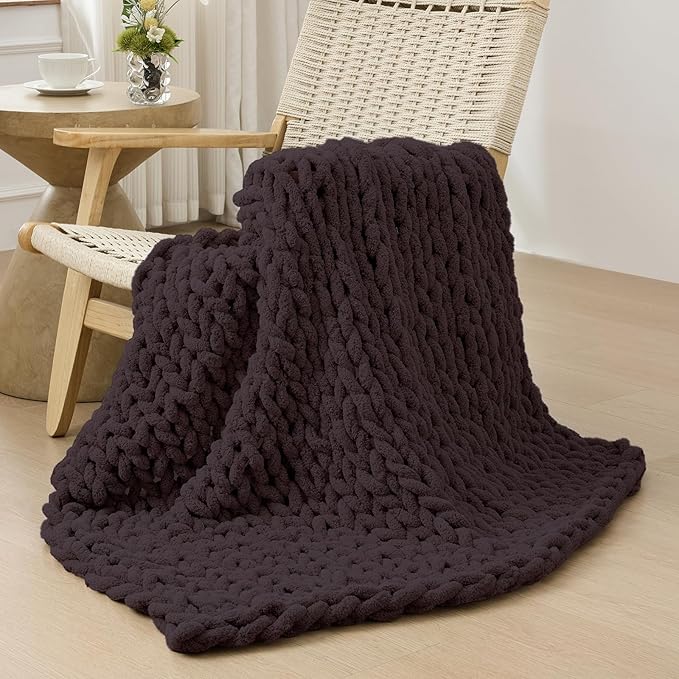 Bigacogo Chunky Knit Throw Blanket for Couch, 40x40 inches, 100% Hand Knitted with Thick Jumbo Chenille Yarn, Cozy Soft Large Rope Knot Cable Crochet Blankets for Sofa Bed Living Room, Chocolate-Ruum Studio Home