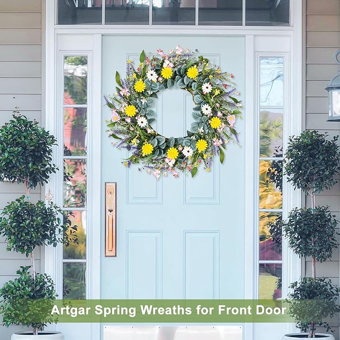 Artgar Spring Wreaths for Front Door, 24 Inch Daisy Wreath, Artificial Spring Summer Wreath with Eucalyptus Leaves Paper Flowers for Indoor Outdoor Home Door Window Wall Wedding Decor-Ruum Studio Home