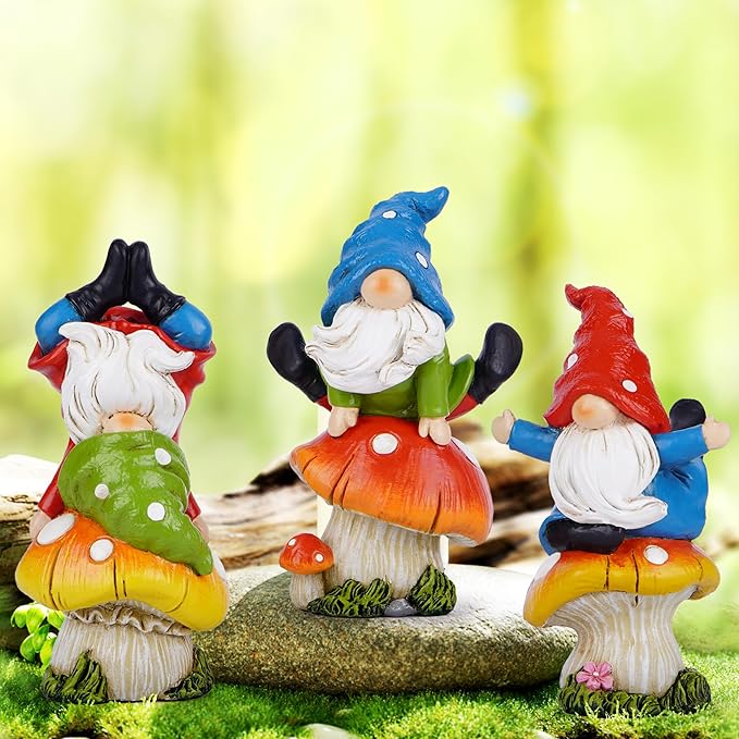 Hodao 3 PCS Spring Yoga Mushroom Gnomes Decoration Summer Elf Figurines Gifts for Home Spring Lively Garden Statues Decor for Outdoor, Mom, Mother (Multicolor)-Ruum Studio Home