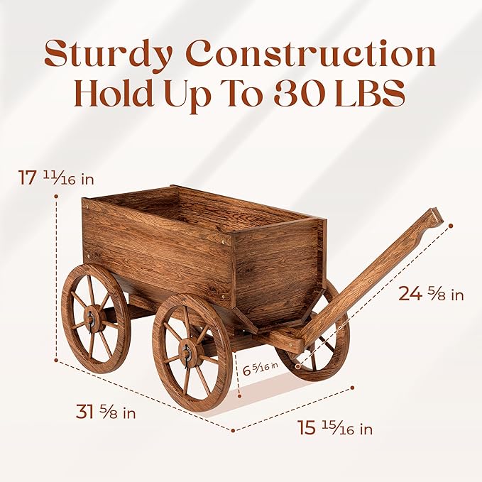 Wood Wagon Planter for Outdoor Balcony Decor - Garden Rustic Wooden Flower Cart with Wheels for Outside - Garden Decor - Amish Decorative Indoor - Wheelbarrow Planter for Patio-Ruum Studio Home