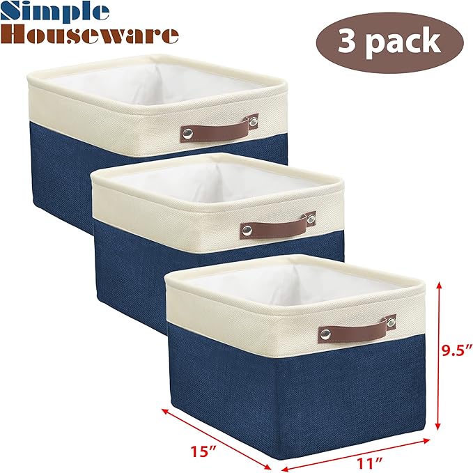 SIMPLE HOUSEWARE Large Fabric Storage Bin, 15" x 11" with Leather Like Handles, 3 Pack, Steel Blue-Ruum Studio Home