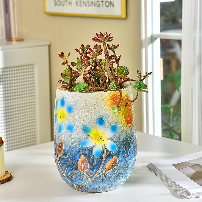 Sungmor 10.6 Inch Ceramic Succulent Plant Pot with Drainage Hole, Hand Painted Flower Pots for Plants, Unique Texture Decorative Planter for Indoor and Outdoor, Pottery Vase for Home Office Decor-Ruum Studio Home