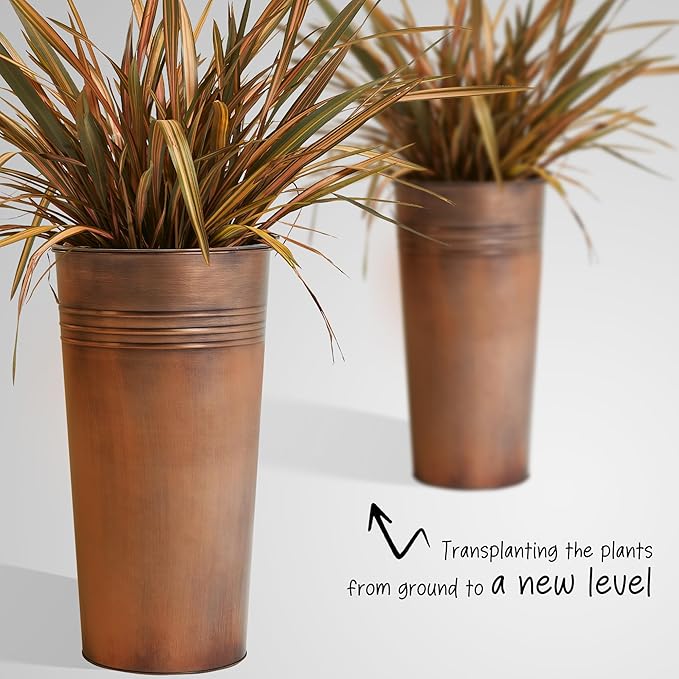 KOL 25'' Tall Galvanized Steel Planter Pot with Water Level Indicator - 2-Pack Self Watering Planters Flower Pot for Plants - Round Powder Metal Planter Box - Indoor Outdoor Grande Plant - Bronze-Ruum Studio Home