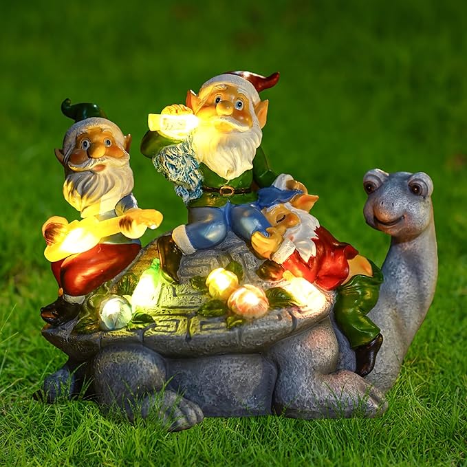Upgraded Size Solar Garden Outdoor Statues Three Gnomes having party on turtle with 7 LED Solar Figurine for Lawn,Patio,Balcony,Yard Decor Unique Housewarming Gift, for grandfather, Father,Grandma,Wen-Ruum Studio Home