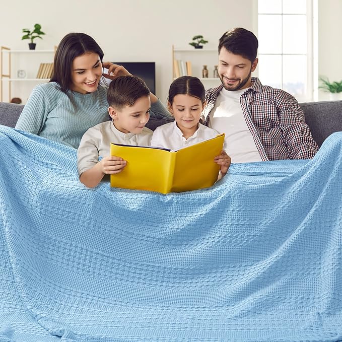 PHF 100% Cotton Waffle Blanket Oversized King 120"x120", Lightweight Breathable Extra Large 10'x10' Summer Blankets for Bed, Giant Big Luxury Aesthetic Woven Bedding for Home Decor, Sky Blue-Ruum Studio Home