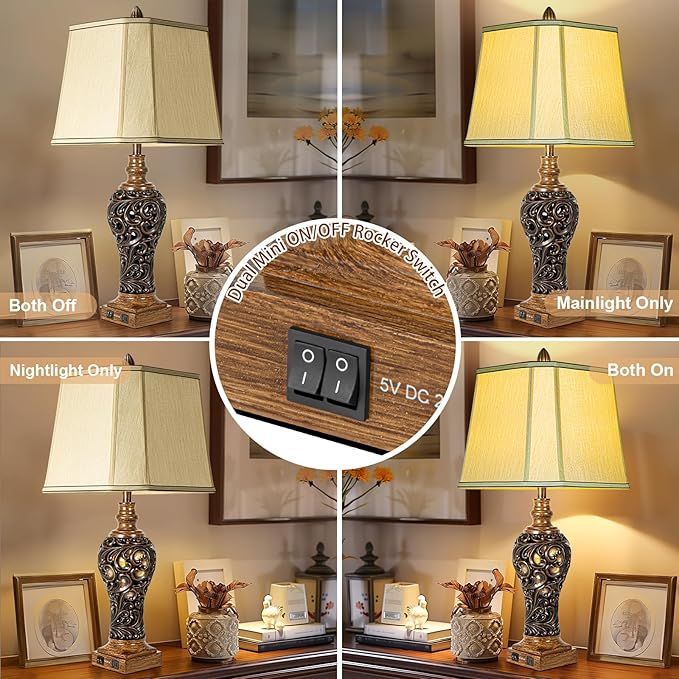 32'' Tall Rustic Vintage Table Lamps Set of 2 with Night Lights - Bedside Lamp with Faux Silk Shades for Bedroom and Living Room with 2 USB Charging Ports,Rustic Lamps for Living Room(Bulb Included)-Ruum Studio Home