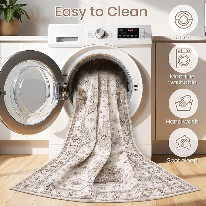 Washable Area Rugs for Living Room -10x12 Neutral Vintage Distressed Floral Farmhouse Boho Large Soft Floor Rug Indoor Non Slip Carpet for Living Room Bedroom Dining Room Office-Beige Brown-Ruum Studio Home
