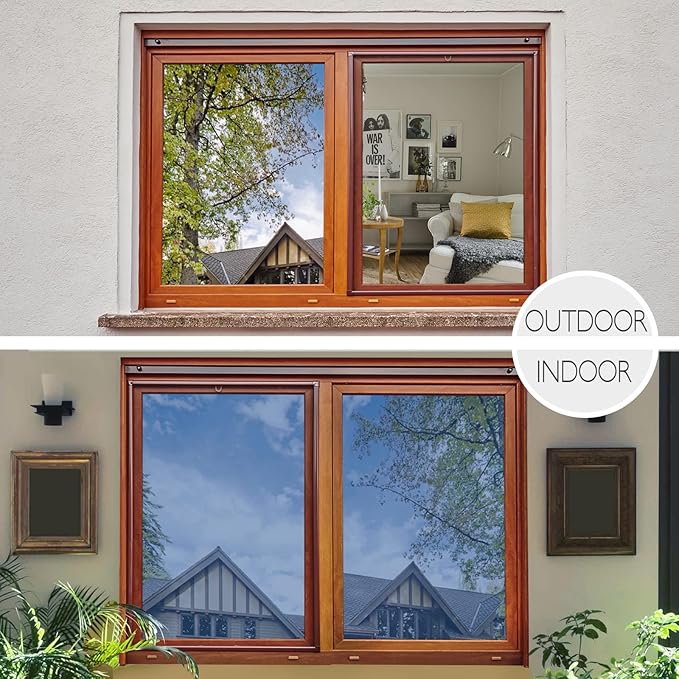 HIDBEA One Way Privacy Window Film, Daytime Mirror Reflective Heat Control UV Sun Blocking Non-Adhesive Static Cling Window Tint for Home and Office (Blue-Silver, 29.5 Inch x 6.5 Feet)-Ruum Studio Home