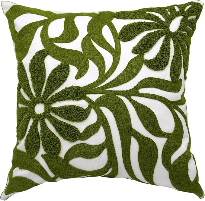 Alysheer Farmhouse Floral Leaves Embroidered Decorative Throw Pillow Cover 18x18 inches, Boho Tufted Flowers Embroidery Pattern Chic Cotton Cushion Case for Couch Bed Sofa Living Room(Olive Green)-Ruum Studio Home