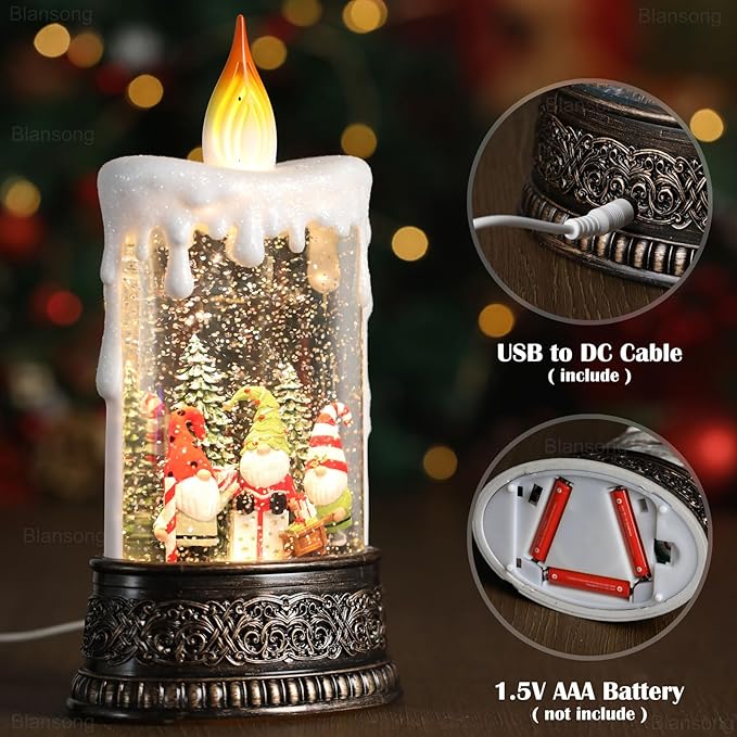 Gnome Snow Globe Candle Christmas Decorations Gifts Auto Snowfall Glitter Music Collection with 6H Timer USB/Battery Powered 9.7 inch-Ruum Studio Home