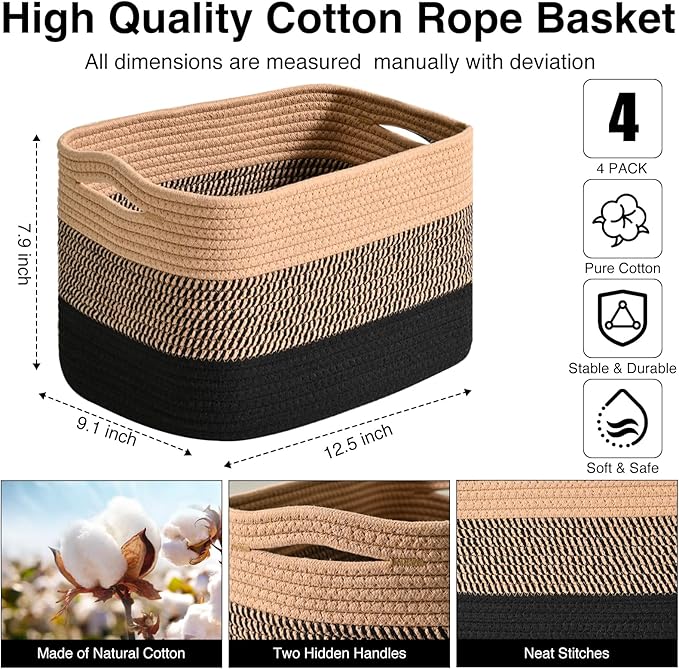 Storage Baskets for Shelves Organizing, Woven Cotton Rope Baskets for Storage, Book Basket, Towel Basket, 12.5"Lx9.1''Wx7.9''H (4 Packs) Gradient Black & Jute-Ruum Studio Home