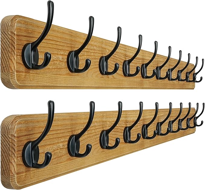 Dseap Coat Rack Wall: 38-1/4" Long, Patented, Heavy-Duty, 10-Double-Hooks Wooden Wall Mounted Coat Rack Coat Hanger Hook Rail for Winter Coats Hat Jacket Clothing, Weathered Brown, Pack of 2-Ruum Studio Home