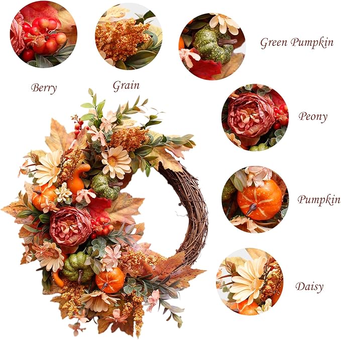 20Inch Fall Wreaths for Front Door,Fall Decorations for Home,Autumn Wreaths with Pumpkin Peony Sunflowers Berry Wreaths,Fall Door Wreath for Thanksgiving Halloween Farmhouse Home Outdoor Indoor Decor-Ruum Studio Home