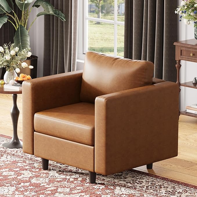 Faux Leather Single Sofa, Modern Accent Chair Brown with Storage Deep Seat Large Reading Armchair for Living Room Bedroom Office-Ruum Studio Home