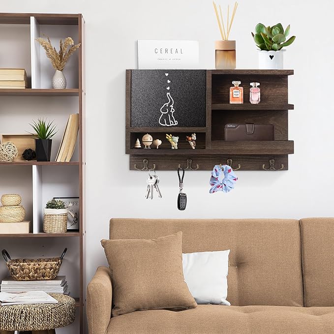 Key Holder for Wall, Mail Organizer Wall Mount with Key Hooks and Chalkboard & Mirror for Sunglasses Storage and Dog Leash Hanger, Decorative with 4 Double Hooks-Ruum Studio Home