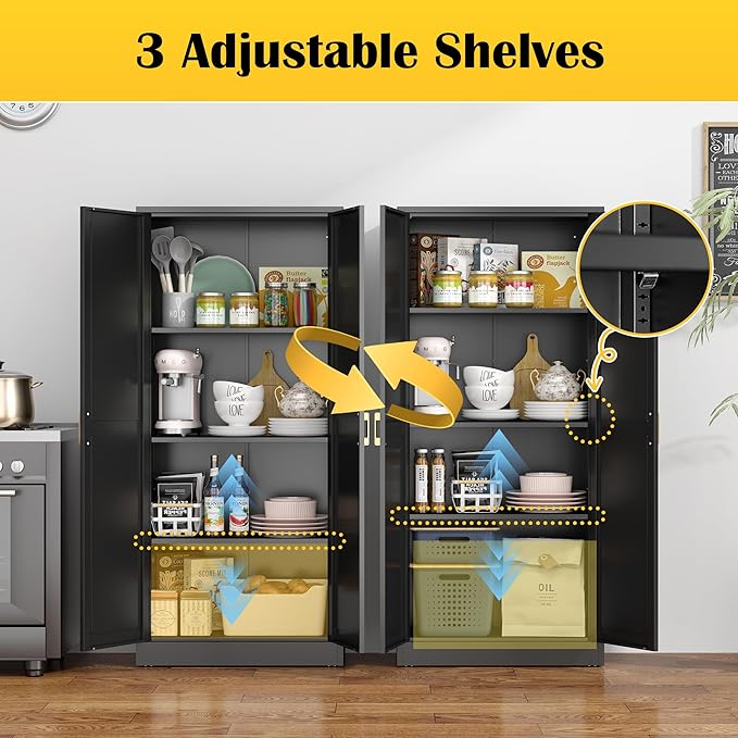 Kitchen Cabinet Storage,60”Metal Pantry Cabinet with Doors and 3 Adjustable Shelves,Food Pantry Cabinets with 2 Gold Handles,Black Tall Storage Cabinet for Livingroom,Pantry,Bathroom,Kitchen-Ruum Studio Home