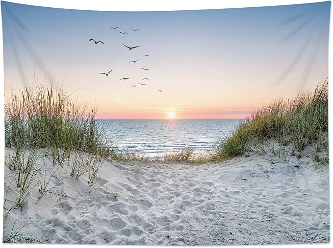 HVEST Ocean Beach Tapestry Wall Hanging, Sunset Seabird and Beach with Grass, Natural Landscape for Bedroom, Living Room, Dorm Decoration, 92.5x70.9 Inches-Ruum Studio Home