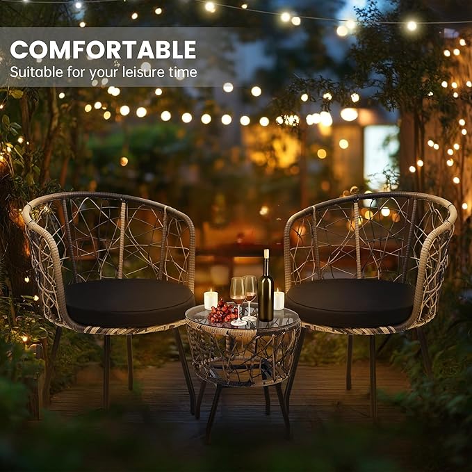 Kromax 3 Piece Bistro Set, Modern Outdoor Wicker Patio Furniture with Tempered Glass Table Top and 2 Chairs, Washable Cushions, Natural Rattan and Black Cushion-Ruum Studio Home