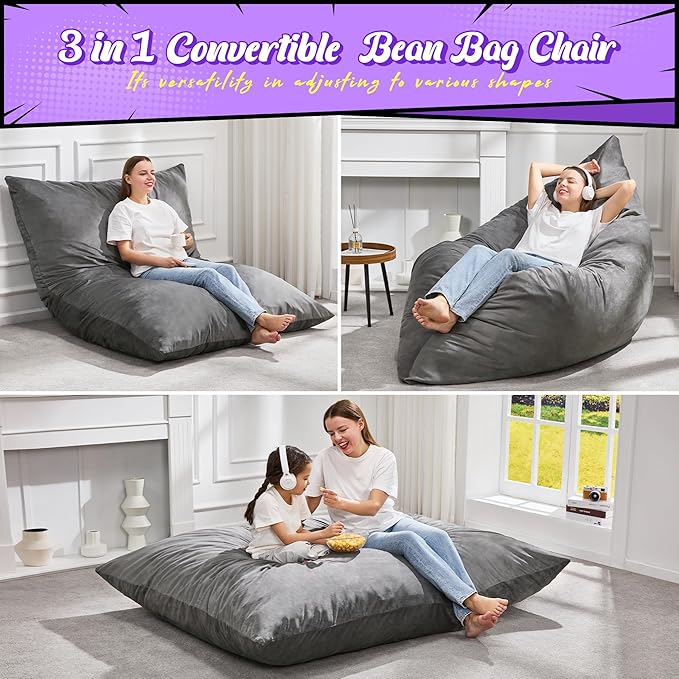 Hobestluk 3 in 1 Bean Bag Chair Giant Bean Bag Chairs for Adults with Velvet Cover Convertible Bean Bag Floor Cushion with Machine Washable Cover for Living Room (Velvet Grey)-Ruum Studio Home