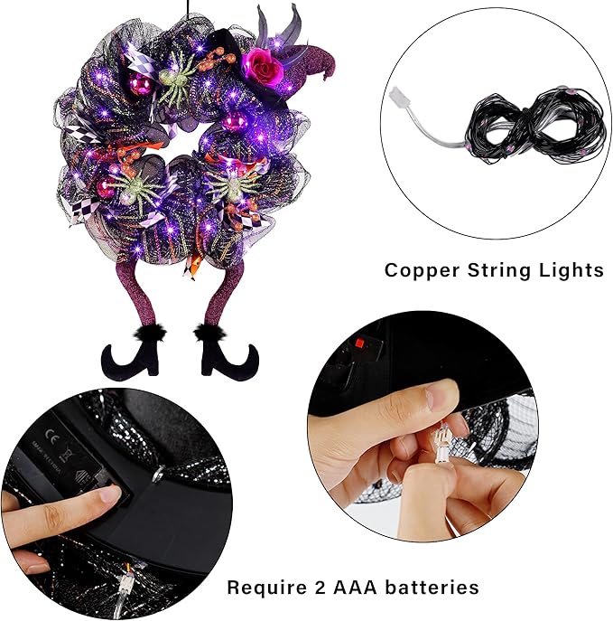 Lulu Home Halloween Front Door Wreath, Purple LED Lighted Witch Hat Wreath, Battery Operated, NOT PRELIT-Ruum Studio Home