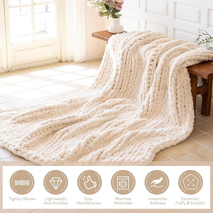 Chunky Knit Blanket - Luxury Soft Cozy 61 * 79 Bold Throw Blanket,100% Woven Blanket Rope Knot Throw Blanket for Couch, Sofa, Home Decor, Gift - Machine Washable（Cream）-Ruum Studio Home
