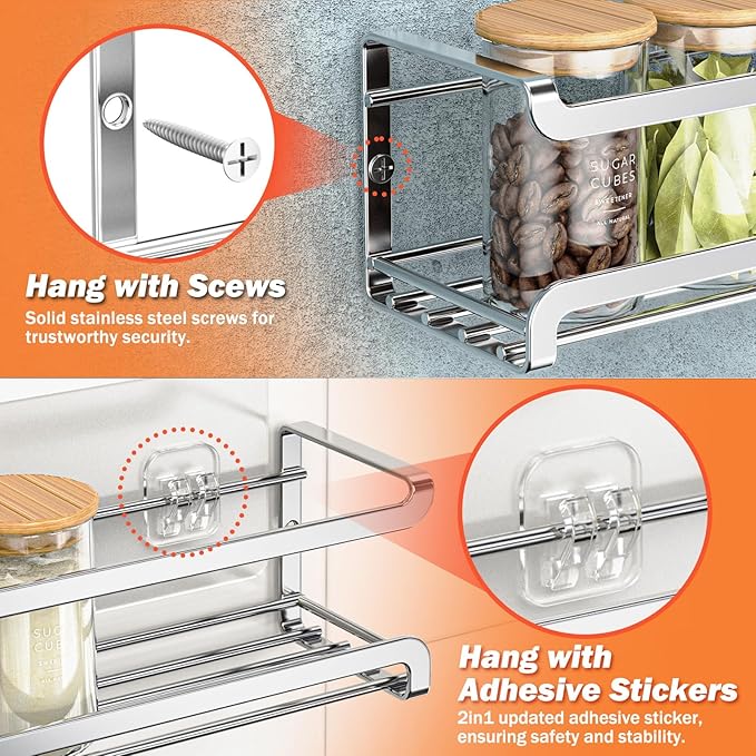 Spice Rack wall mounted 4 Pack, Space-Saving Spice Organizer for Spice Jars and Seasonings,Screw or Adhesive Hanging Spice Rack Organizer for Your Kitchen Cabinet,or Pantry Door,Chrome-Ruum Studio Home