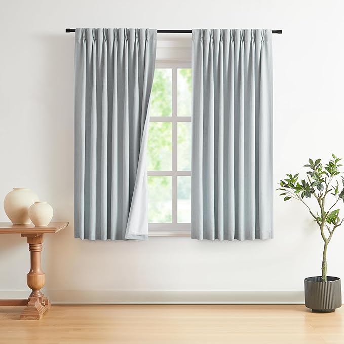 Vision Home Blue Gray Pinch Pleated Full Blackout Curtains Linen Blended Room Darkening Window Curtains 72 inch for Living Room Bedroom Thermal Insulated Pinch Pleat Drapes with Hooks 40" Wx72 Lx2-Ruum Studio Home