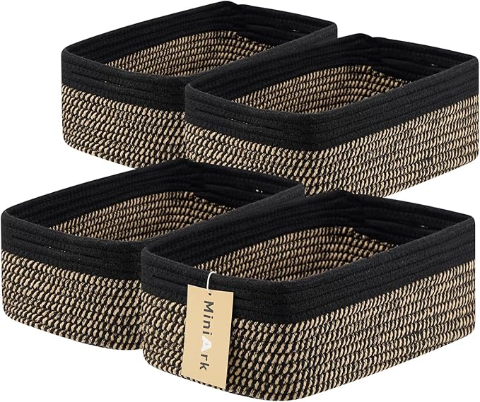 Small Storage Baskets for Organizing | Closet Organizer Bins | Shelf Toy Basket | Woven Rope Baskets | Cube Decorative Box | Shallow Basket | 13x8.5x5.1” | 4 Packs Black Brown-Ruum Studio Home