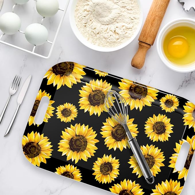 Serving Trays with Handles, 14.5 x 9.8 inch Rectangular Plastic Tray for Restaurant, Kitchen, Sunflower Black Background-Ruum Studio Home