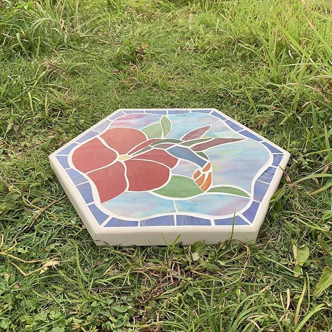Bieye MSS003 Tiffany Style Stained Glass Mosaic Decorative Stepping Stone for Garden Decor (13" Hexagonal, Hummingbird)-Ruum Studio Home