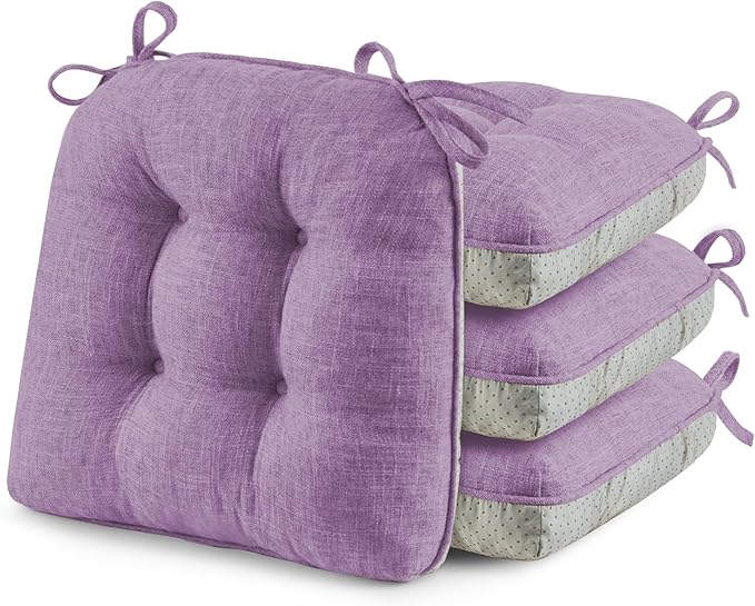 puredown® Chair Cushions for Dining Chairs, Tufted Memory Foam Chair Pads with Non-Slip Backing, Kitchen Seat Cushions with Ties, Washable Seat Pads Set of 4, 15.5" x 15.5" x 4", Purple-Ruum Studio Home