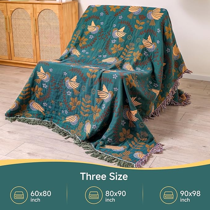 Boho Throw Blanket for Bed Couch 100% Cotton Woven Bed Throws for All Season Lightweight and Soft Cozy Farmhouse Reversible Muslin Decorative Blanket for Travel Picnic, Teal/Cream, 60''x80''-Ruum Studio Home