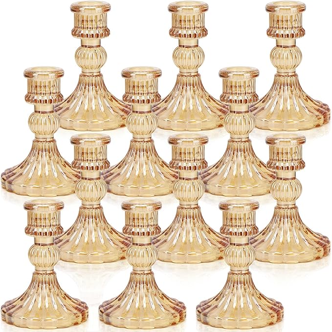 Candlestick Holders Set, 4" H Taper Candle Holders Bulk, 12Pcs Gold Glass Candle Holders for Wedding, Festival, Party & Windowsill Decor-Ruum Studio Home